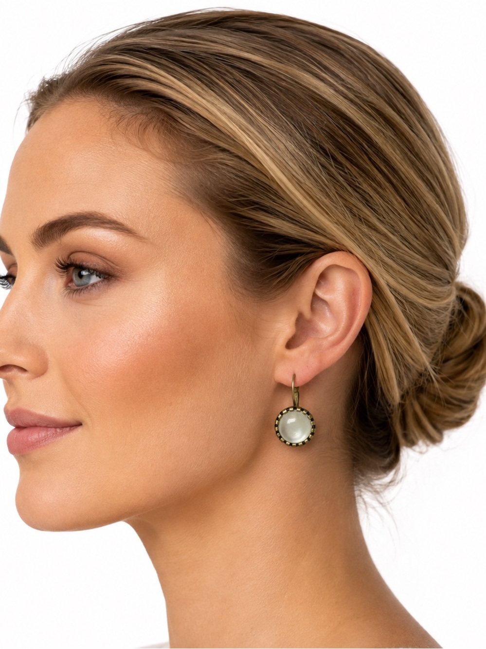 Bronze  Halo Moonstone Drop Earrings - White